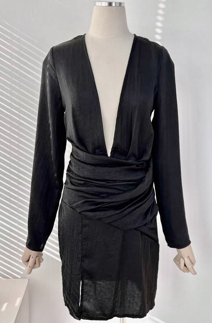 deep v neck long sleeve draped waist midi dress