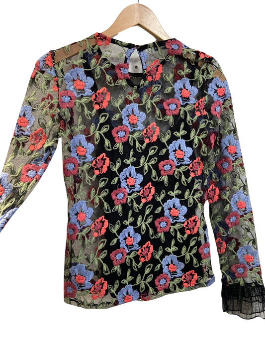 black, blue, green, pink ronald sassoon embroidered long sleeved blouse, small