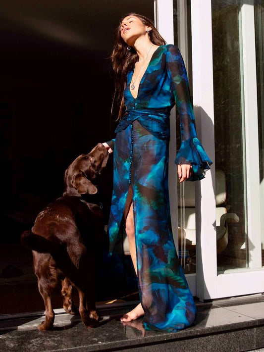 chiffon deep v neck button up maxi dress flared long sleeve