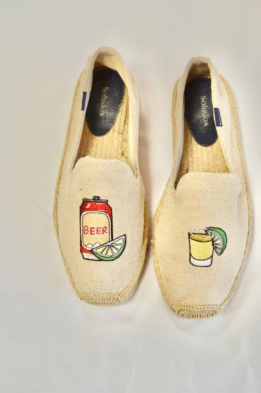 stone, sand, red, orange soludos beer & shot espadrilles loafers, 5.5/38.5 may fit a 6