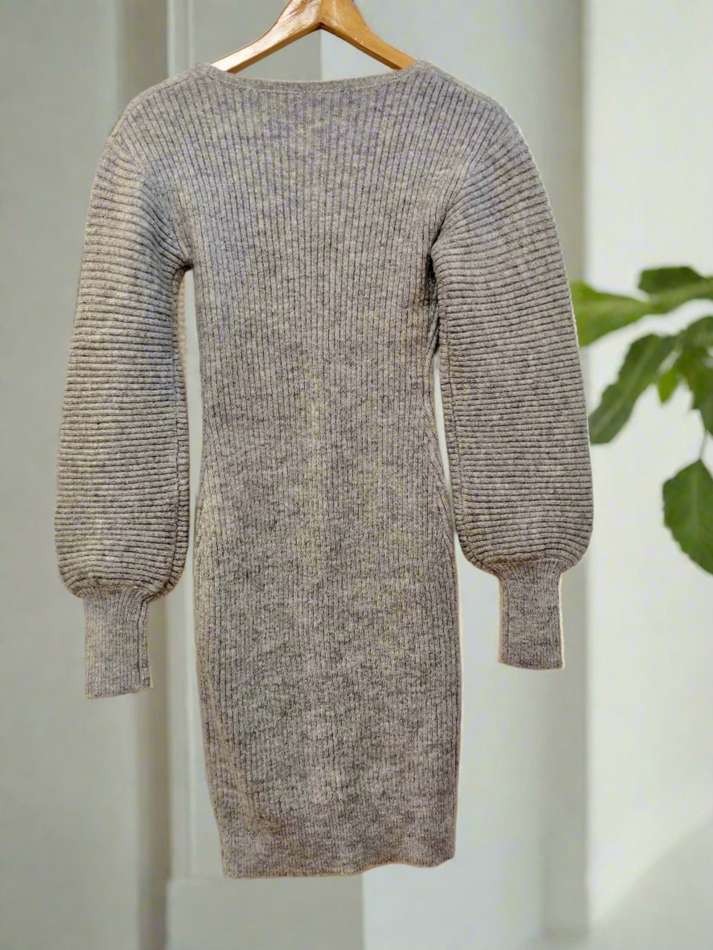 V-neck ribbed bishop sleeve knit dress