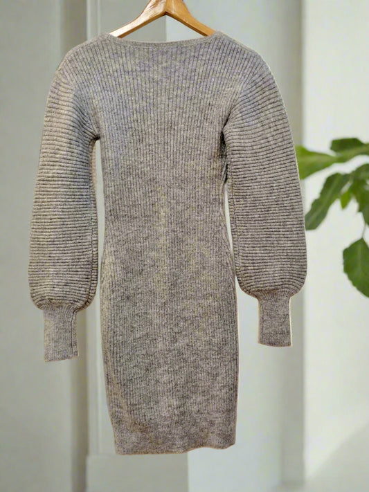 V-neck ribbed bishop sleeve knit dress