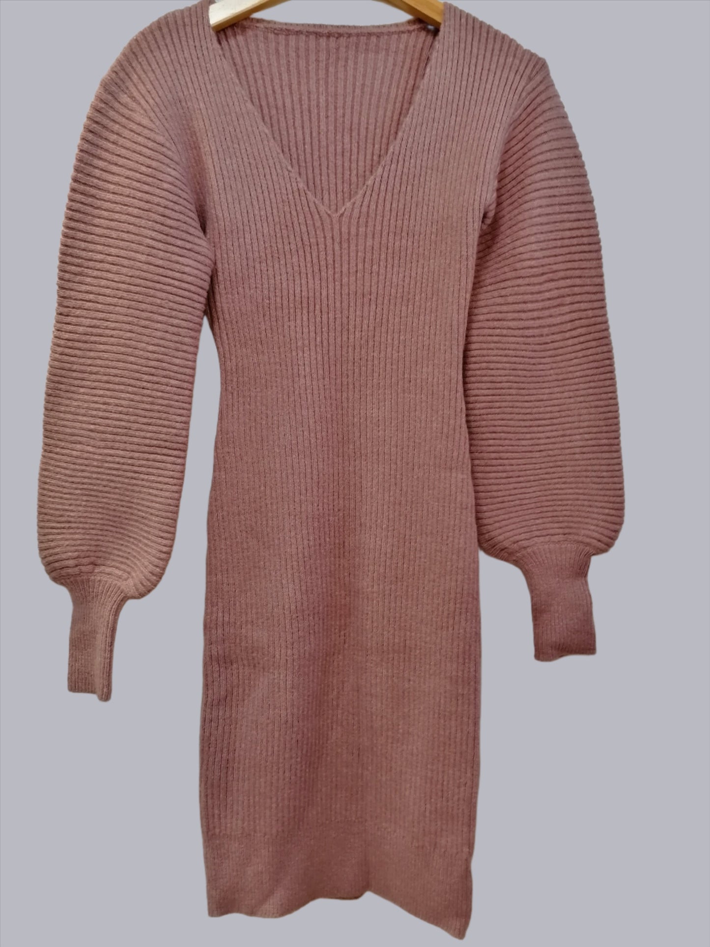 V-neck ribbed bishop sleeve knit dress
