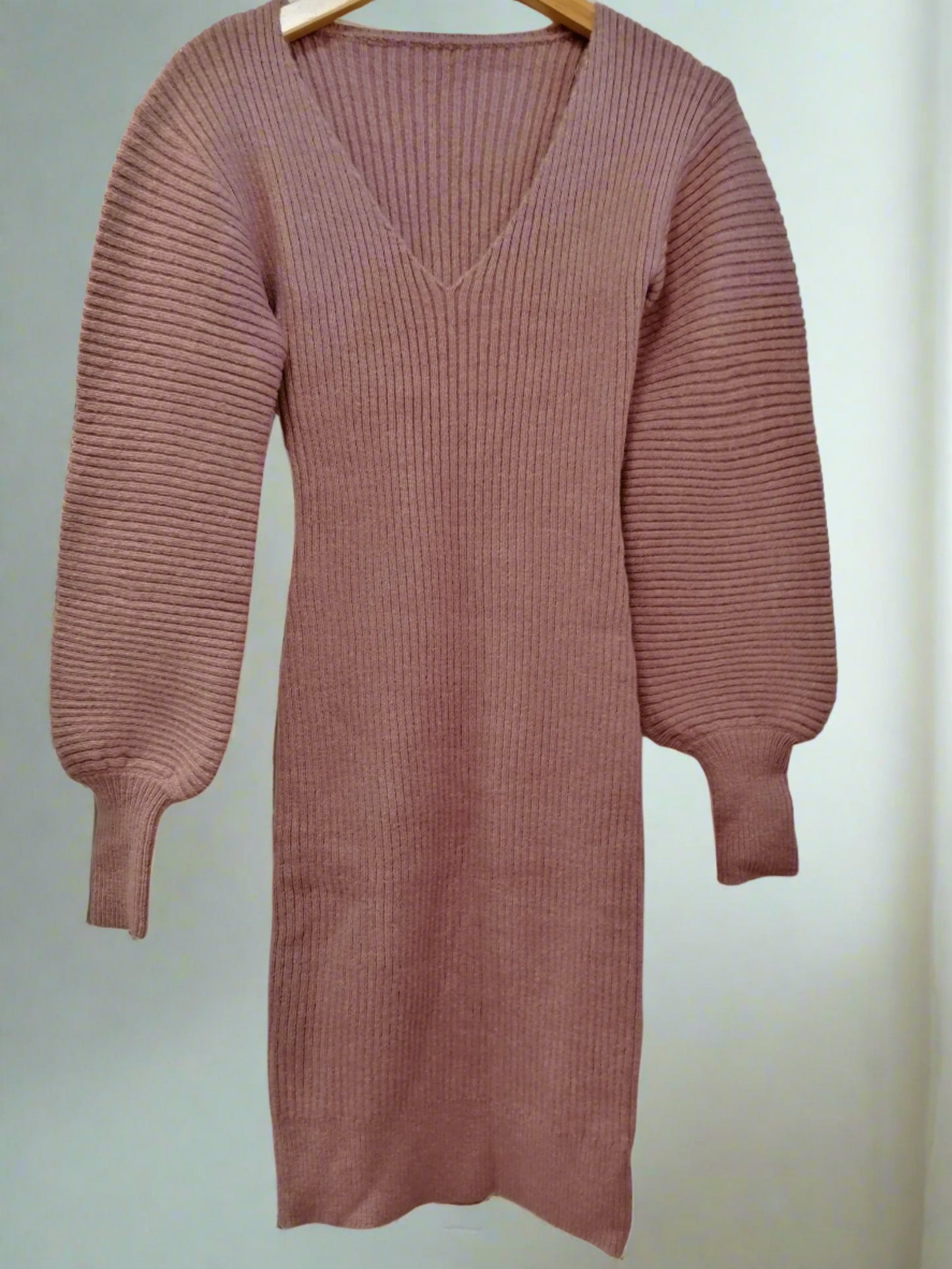 V-neck ribbed bishop sleeve knit dress