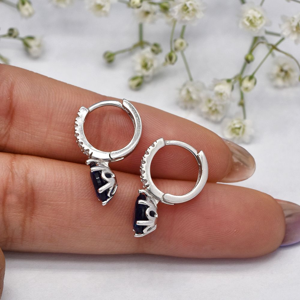 silver, dark blue x silver and zirconia drop earrings, 1cm hoop, 1cm drop