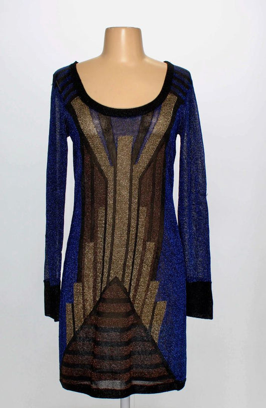navy, brown, gold, black french connection micro knit long sleeve dress, 10/34