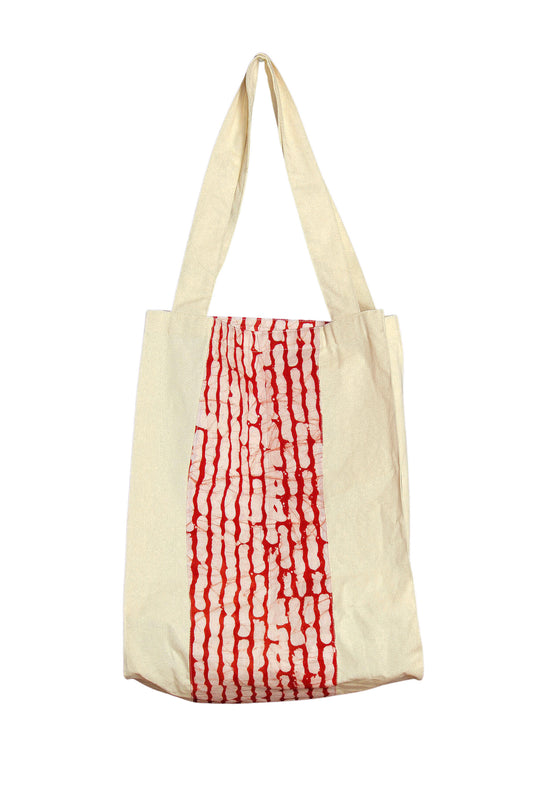 cream, rust, red, yellow alatu sauki canvas & cotton ankara/adire batik strip shopper, 50cm w x 50cm h x 30cm to drop
