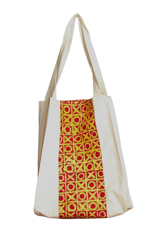 cream, rust, red, yellow alatu sauki canvas & cotton ankara/adire batik strip shopper, 50cm w x 50cm h x 30cm to drop