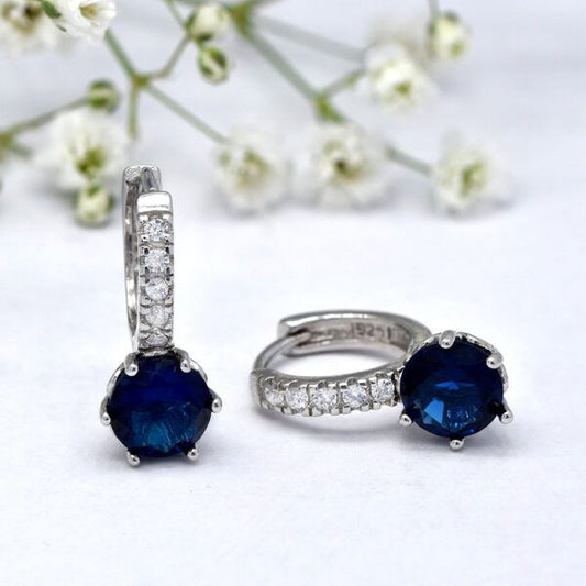 silver, dark blue x silver and zirconia drop earrings, 1cm hoop, 1cm drop