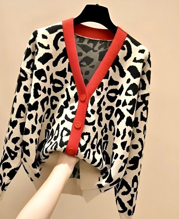 leopard cardigan with red trim