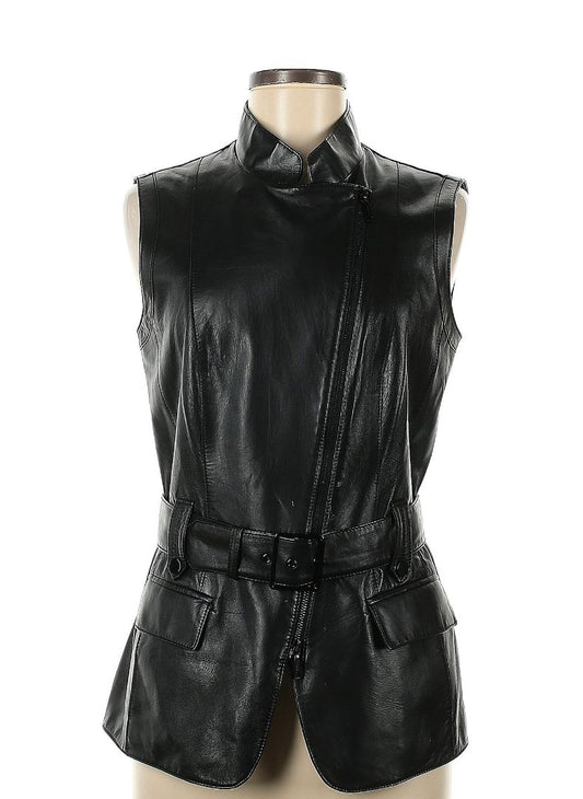 sleeveless belted leather jacket