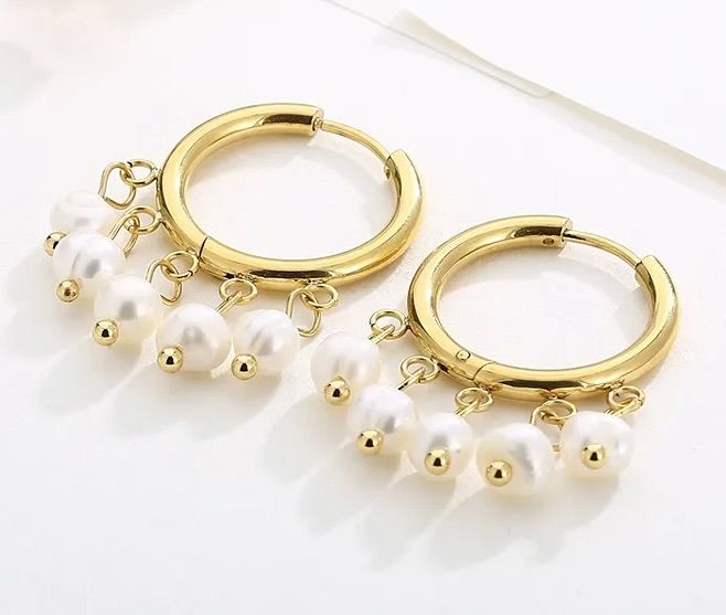 STL . French Style Round Pearl Plating Stainless Steel 18K Gold Plated Drop Earrings