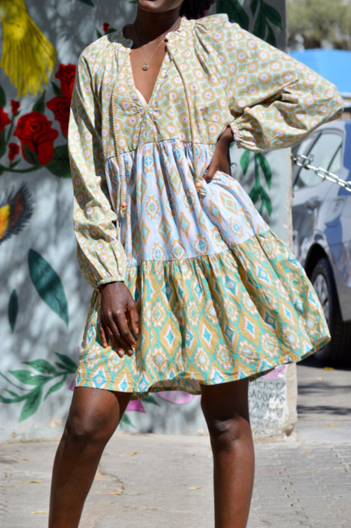 layered block print dress