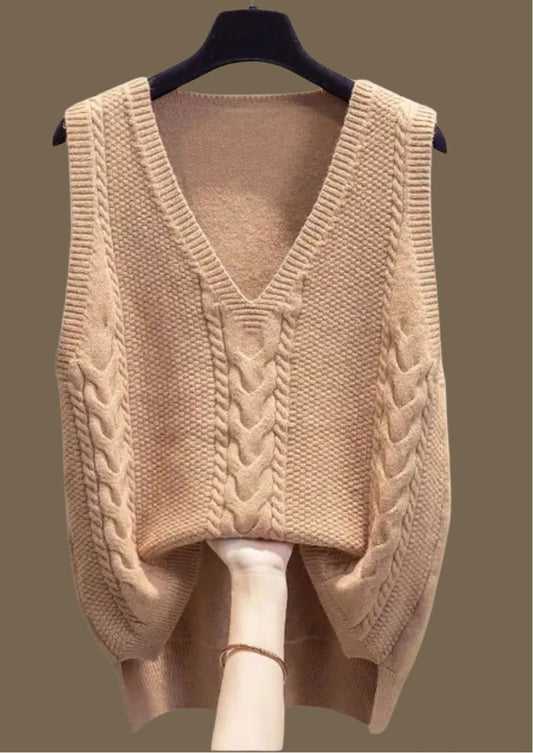 Light camel deep v neck braid pattern pullover