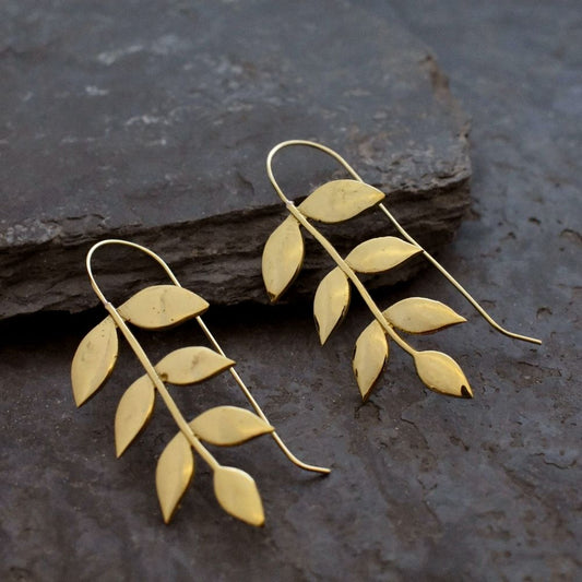 gold x leaf brass long drop earrings, +-5cm to drop