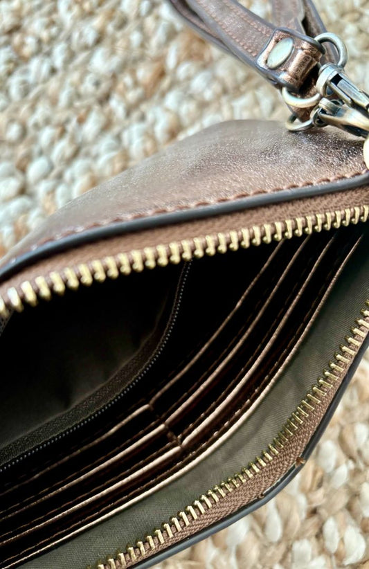 liquid metal wristlet/crossbody