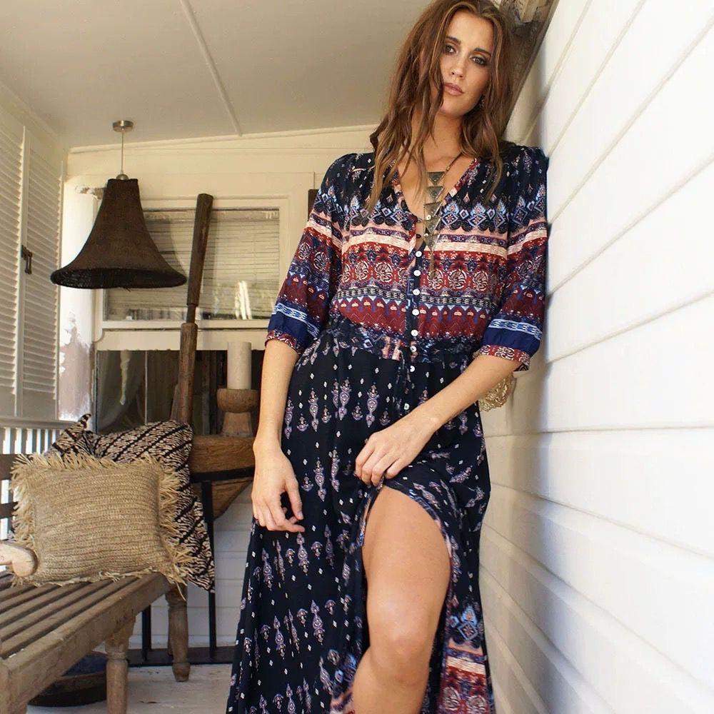 Boho floral print button down dress