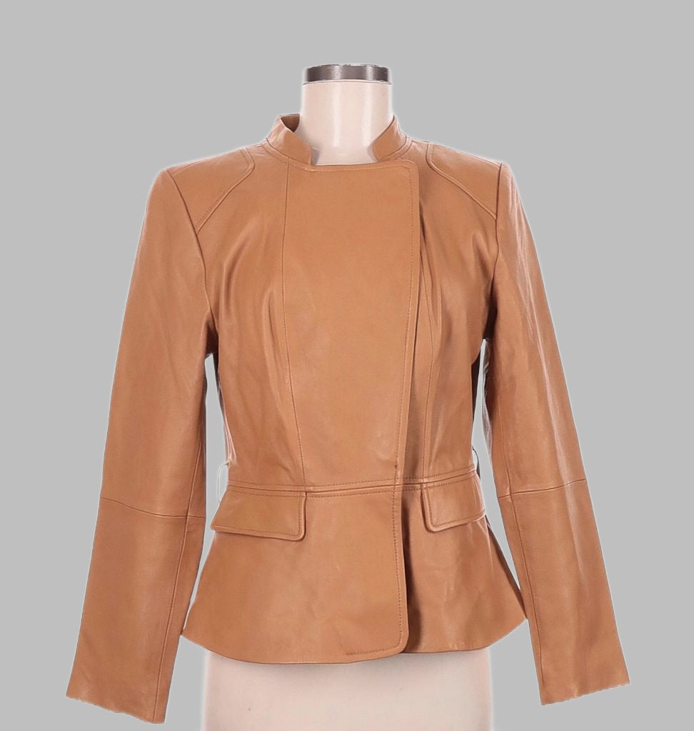 tan isaac mizrahi fitted leather jacket, 10-12